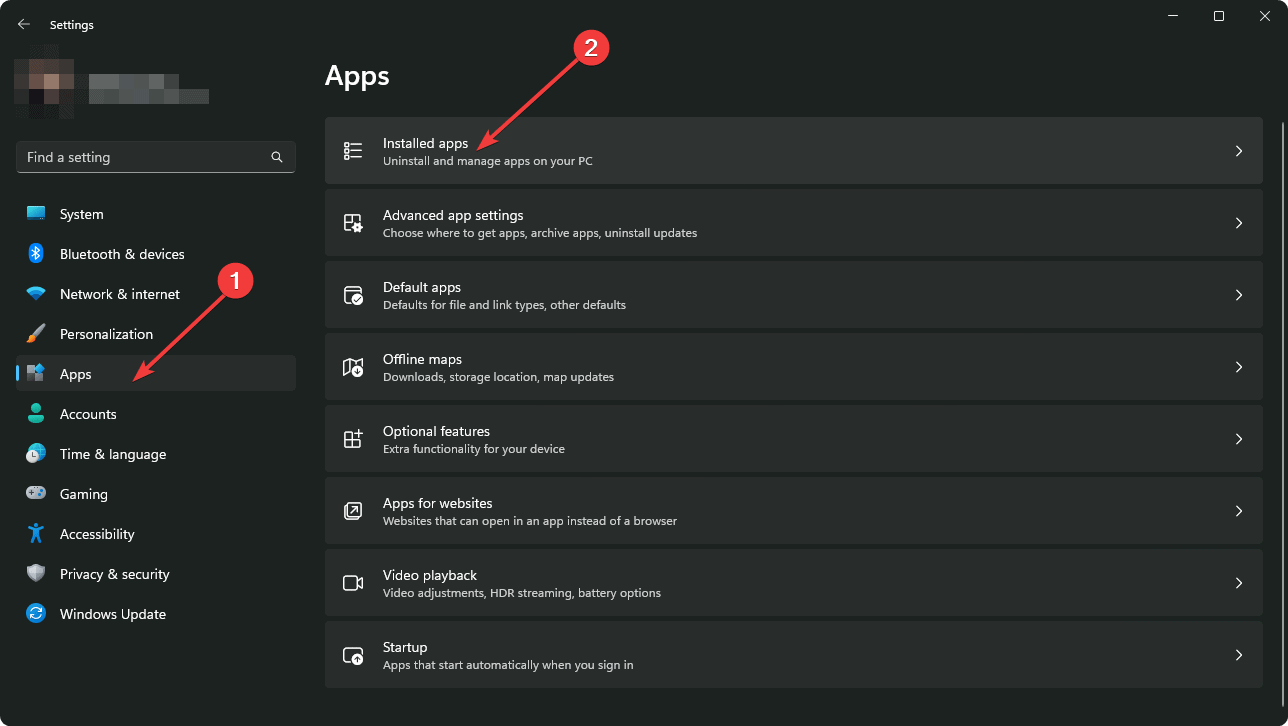 Going installed apps on Windows 11 settings