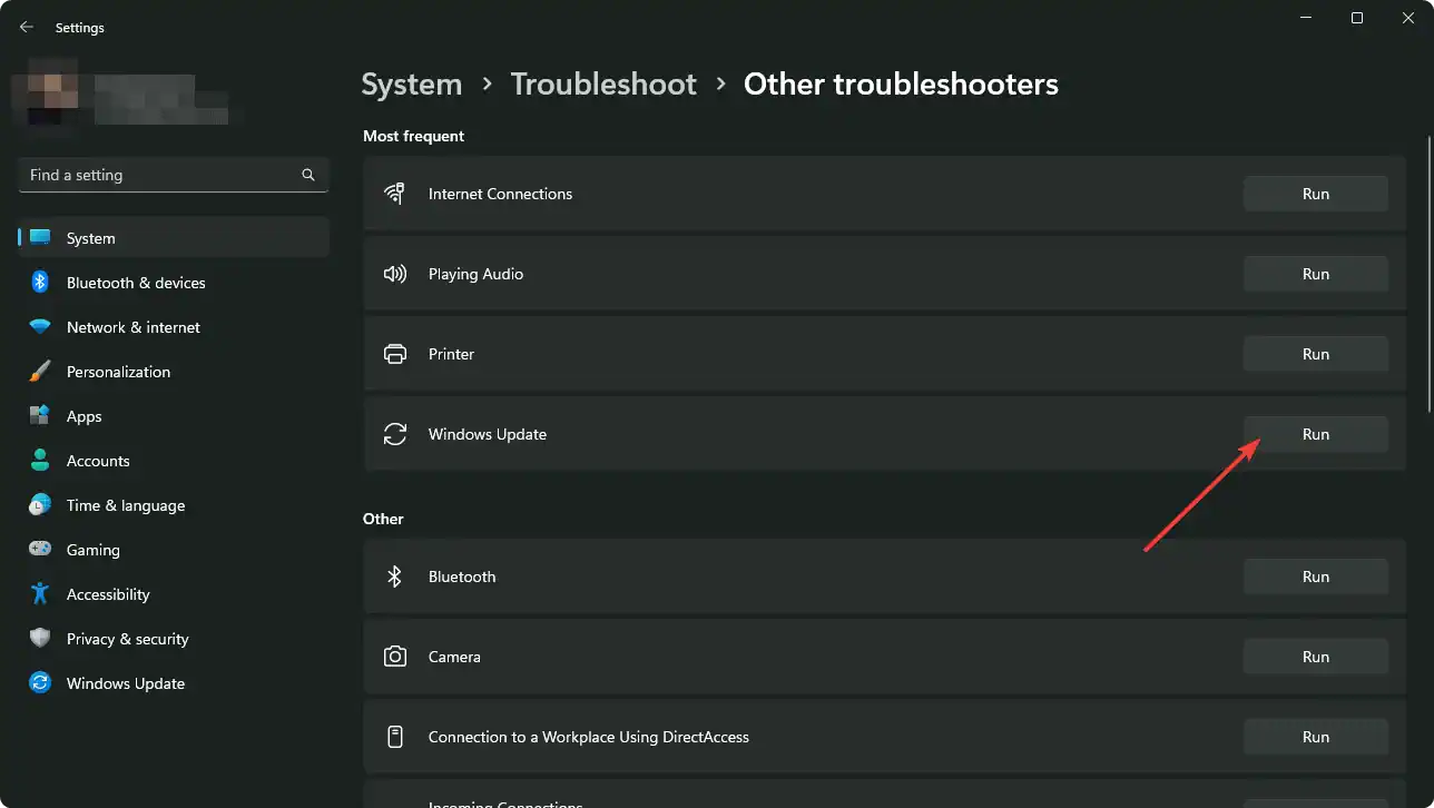 Running windows update troubleshooter