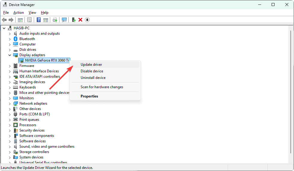 Choosing update graphics card driver windows device manager