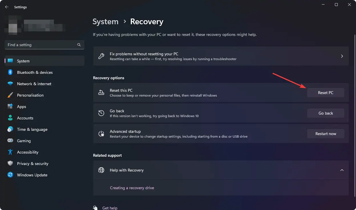 Click reset now on recovery Windows 11