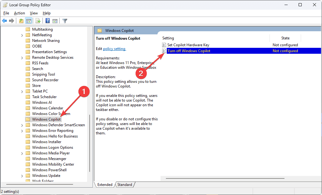 Double clicking turn off windows copilot local group policy editor