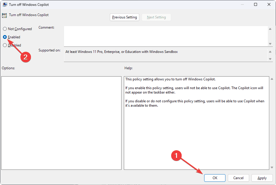 Mark enabled turn off windows copilot group policy editor