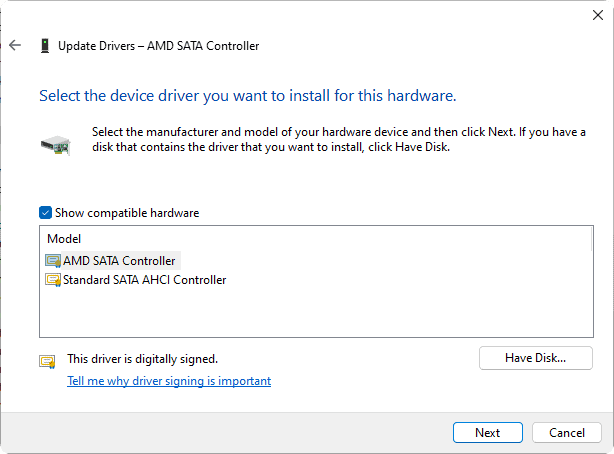Select the driver you want to install window