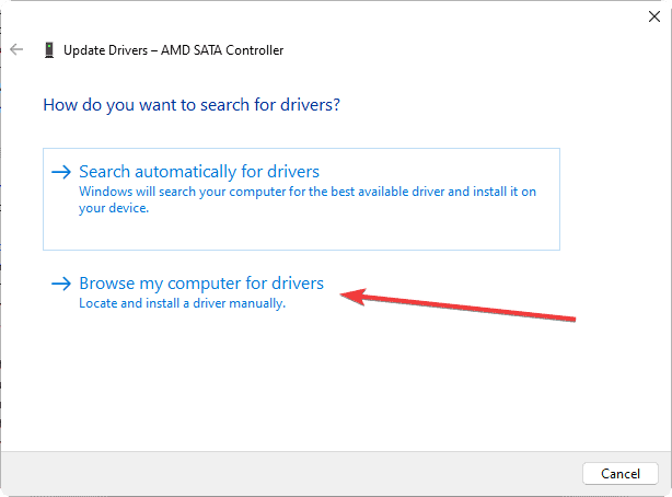 Selecting Browse my computer for drivers