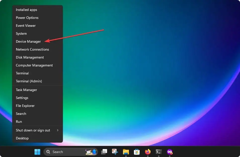 Selecting device manager from power menu