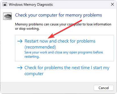 Selecting restart now on memory diagnostic tool