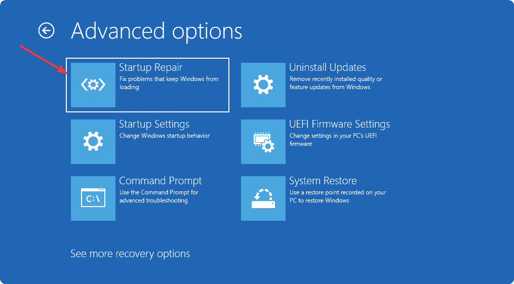 Selecting startup repair in recovery mode windows 11
