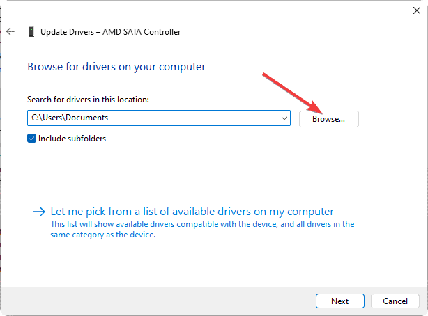 Selecting the Browse button locate the driver on the system