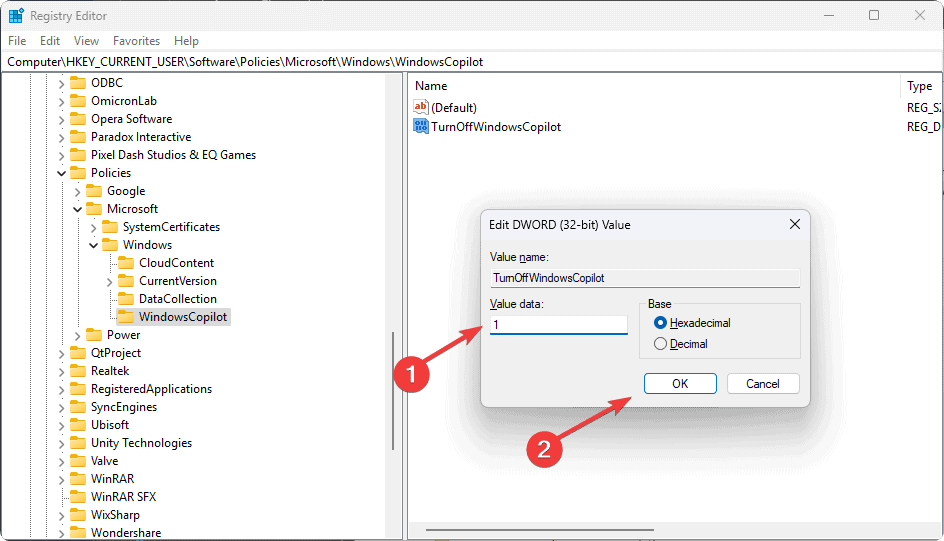 Turning off windows copilot using registry editor