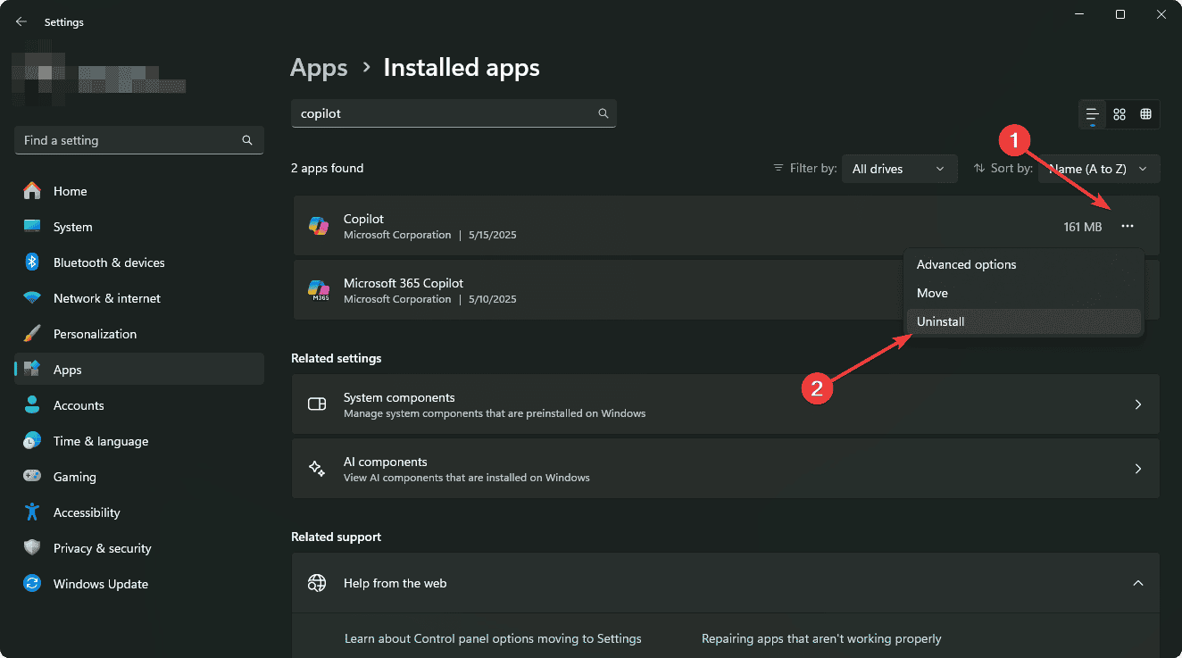 Uninstalling copilot windows
