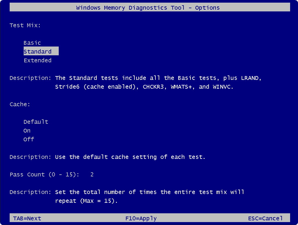 Windows Memory Diagnostic Tool options