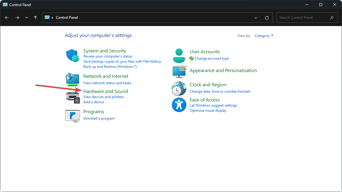 Selecting hardware and sound in control panel Windows 11
