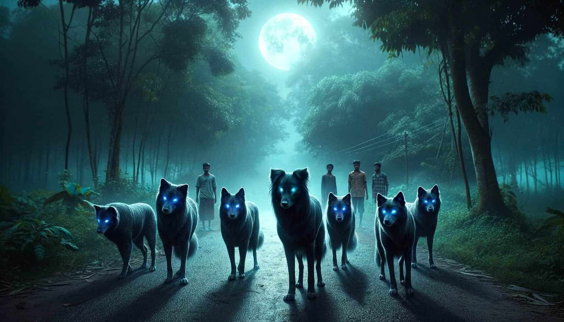 Group of young man following ghostly dog squad in full moon