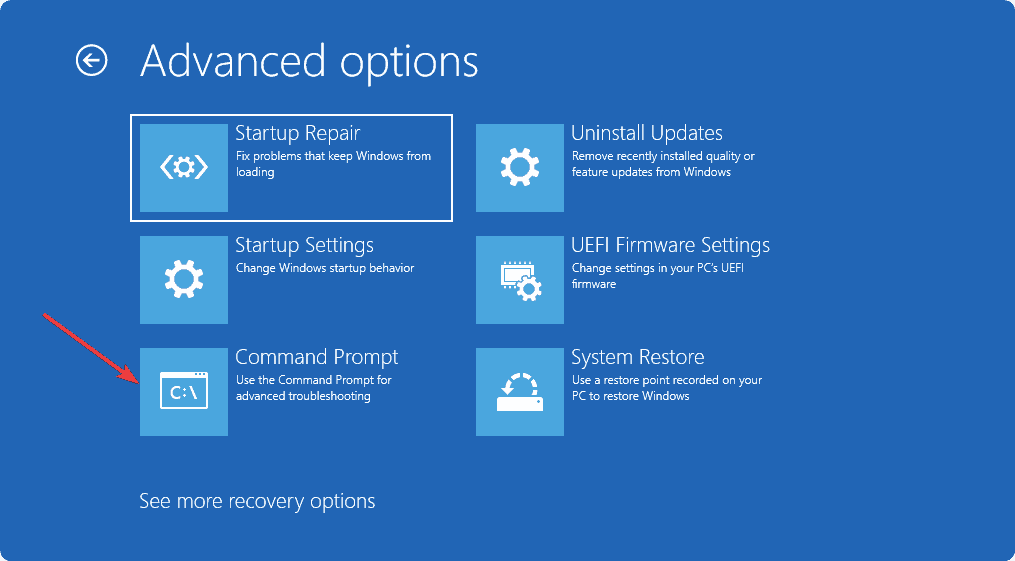 Selecting command prompt in recovery mode windows 11