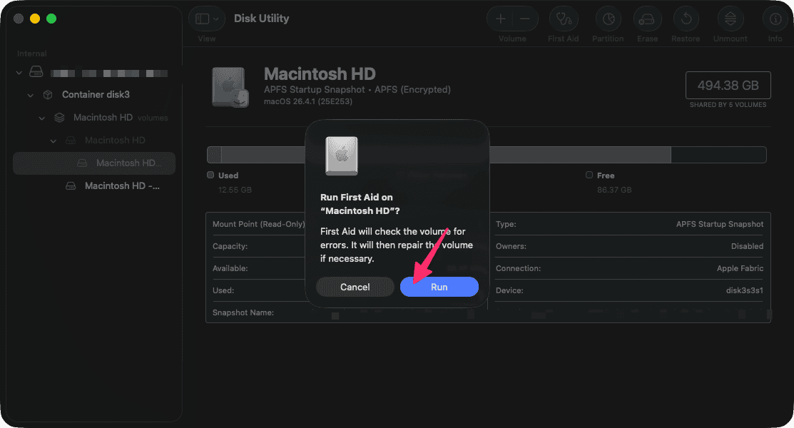 Running First Aid Mac Disk Utility
