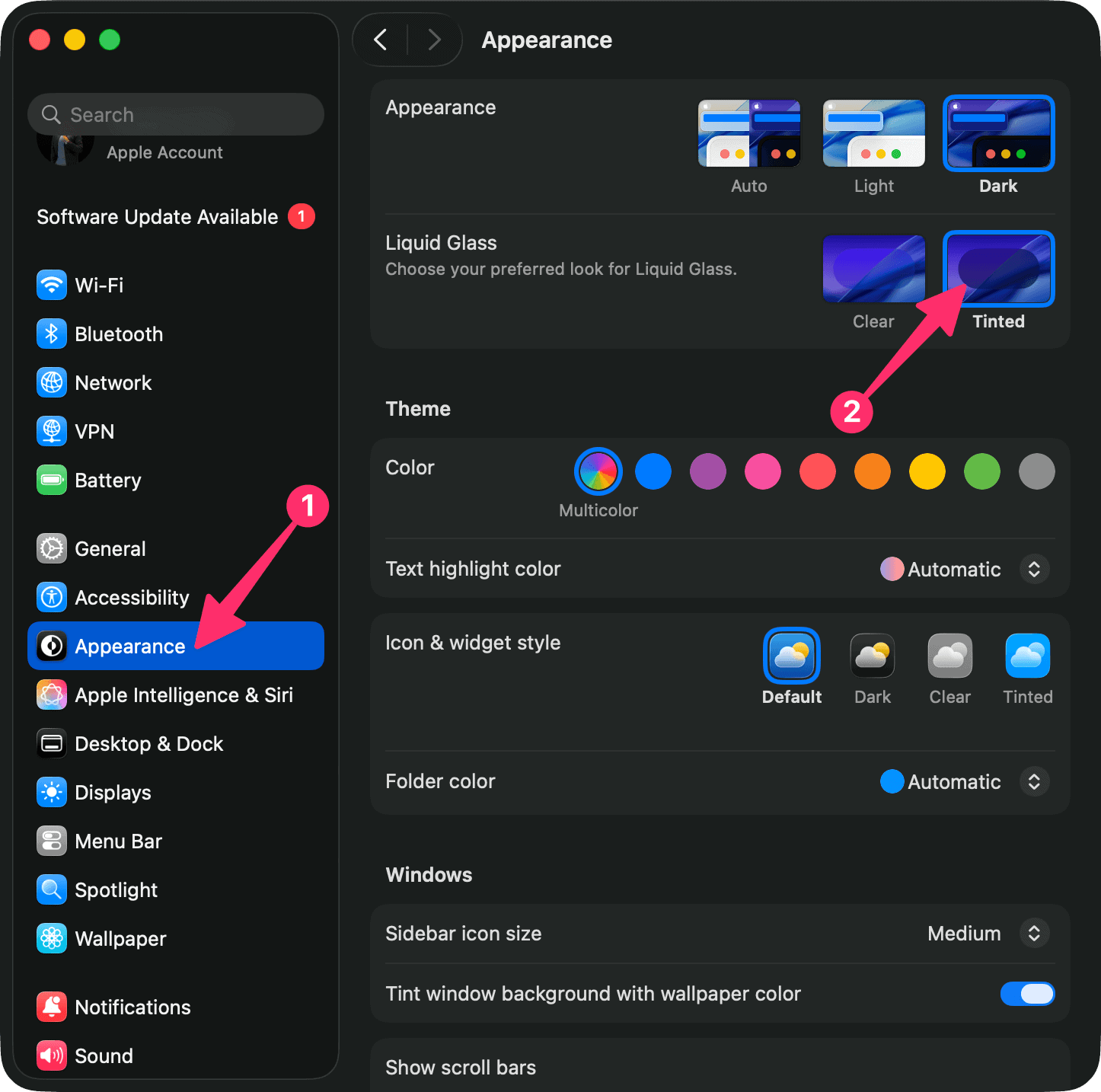 Enabled Tinted Liquid Glass From Appearance Macos Settings