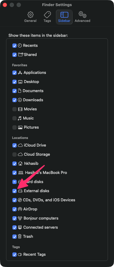 Checking External Disks Finder Settings