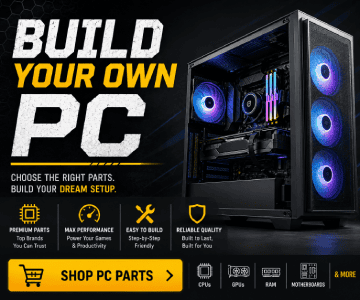 A promotional image for building a custom PC, featuring a desktop computer tower with glowing blue and purple internal lights, alongside text prompts and icons representing performance, ease of assembly, and reliability.