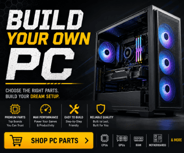 A promotional image for building a custom PC, featuring a desktop computer tower with glowing blue and purple internal lights, alongside text prompts and icons representing performance, ease of assembly, and reliability.