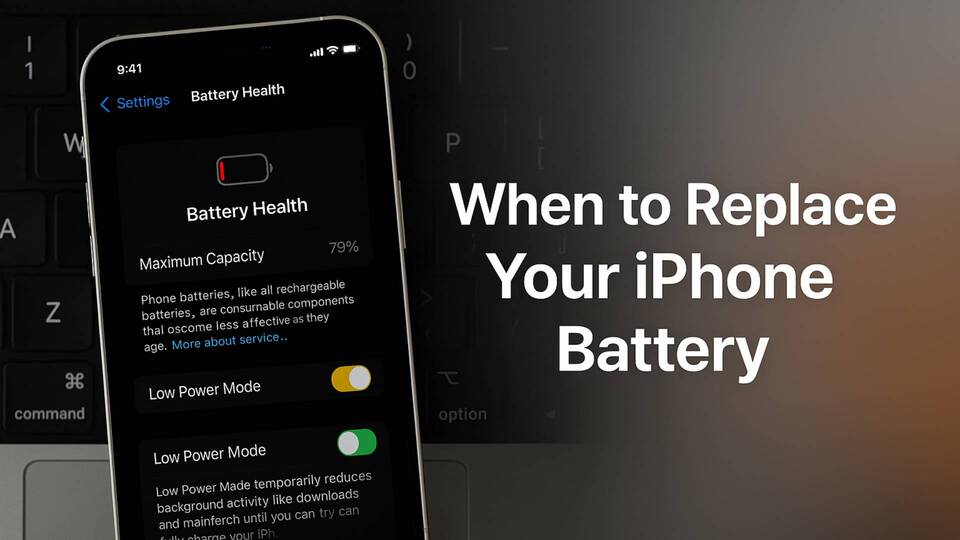 iPhone showing Battery Health settings screen while placed on a MacBook keyboard