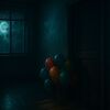 Balloons in dimy lit apartment corridor during thunderstorm