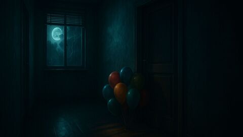 Balloons in dimy lit apartment corridor during thunderstorm