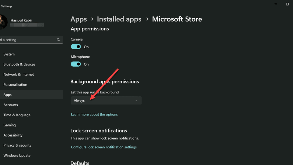 Allowing microsoft store background apps permissions