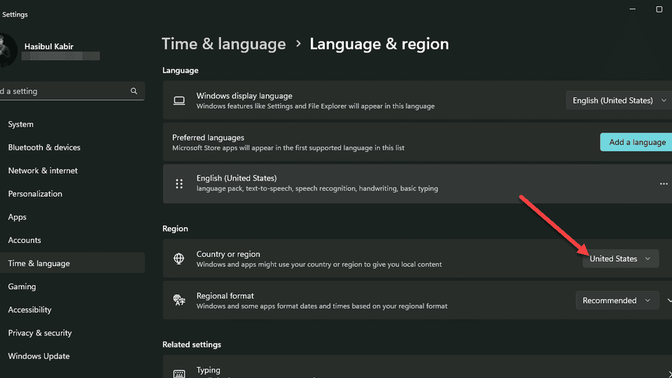 Changing country or region windows 11 settings
