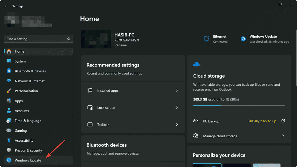 Going windows update from windows settings