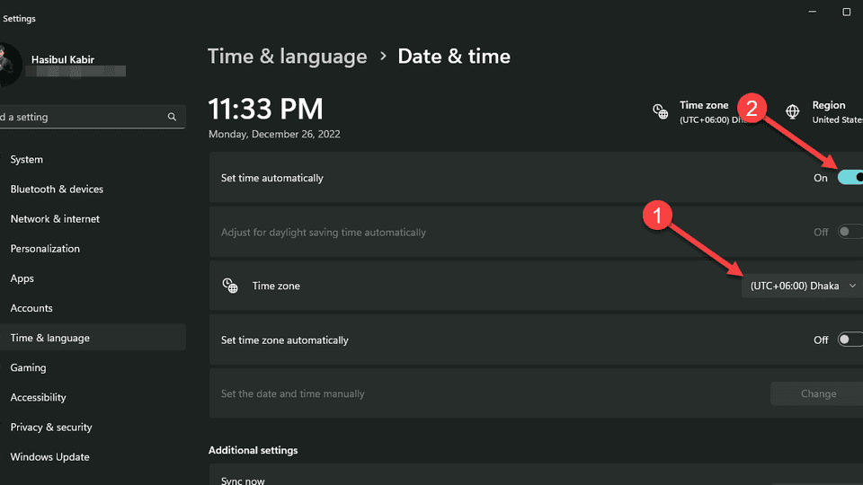 Modifying time and time zone windows 11 settings