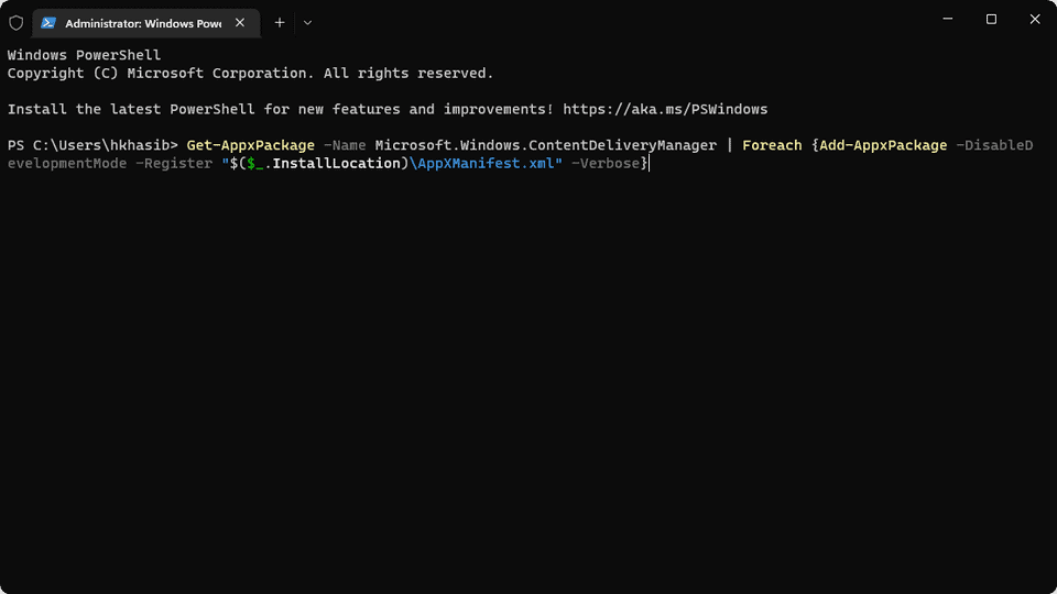Reregistering content delivery manager windows 11 powershell command