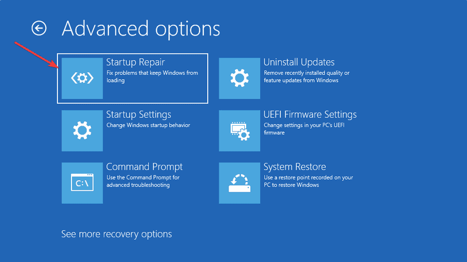 Selecting startup repair in recovery mode windows 11