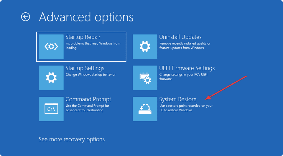Selecting system restore in recovery mode windows