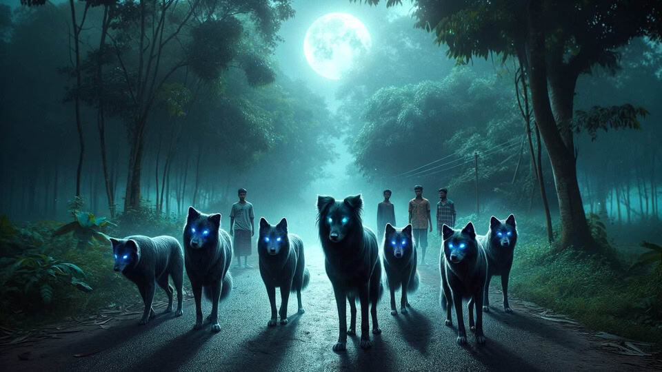 Group of young man following ghostly dog squad in full moon