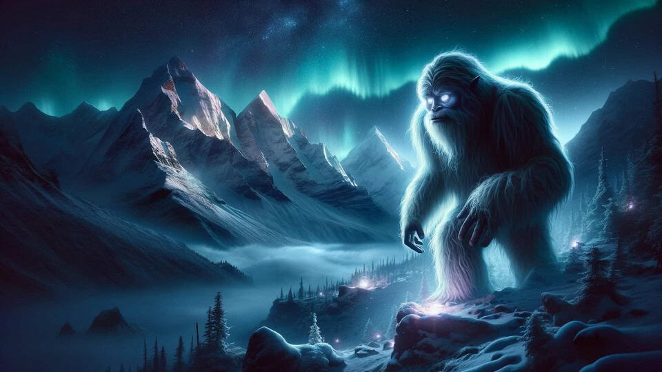 Night time image of a yeti in the Himalayan mountains with its magical vibe