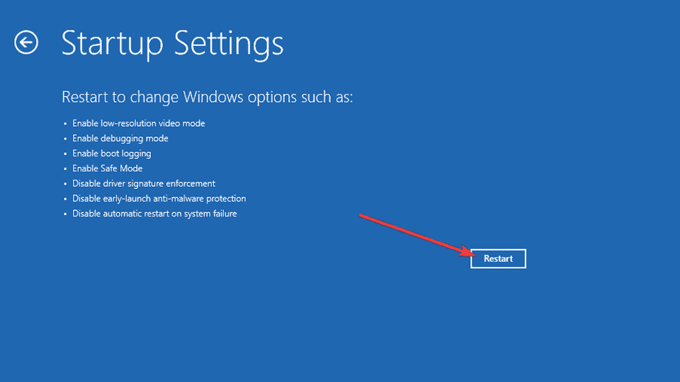 Selecting restart in startup settings in recovery mode