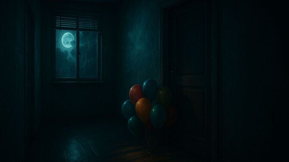 Balloons in dimy lit apartment corridor during thunderstorm