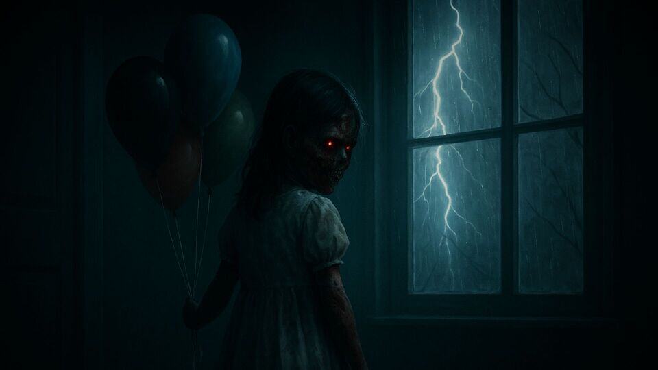 Ghost girl with birthday balloons in apartment during thunderstorm