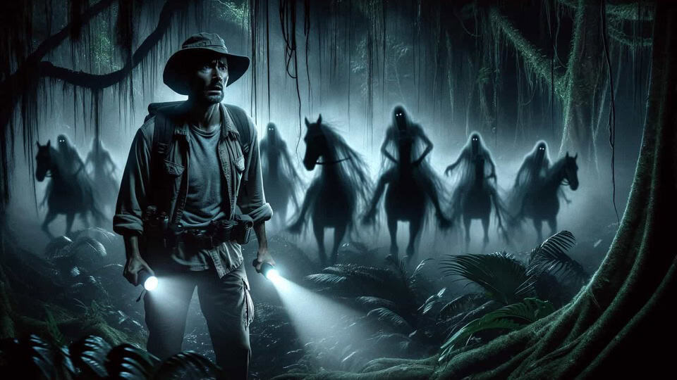 Ghost horsemen behind a scared man in chikon kala jungle
