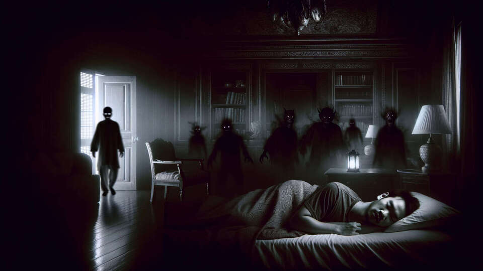 Man sleeping in bedroom and ghosts are whispering
