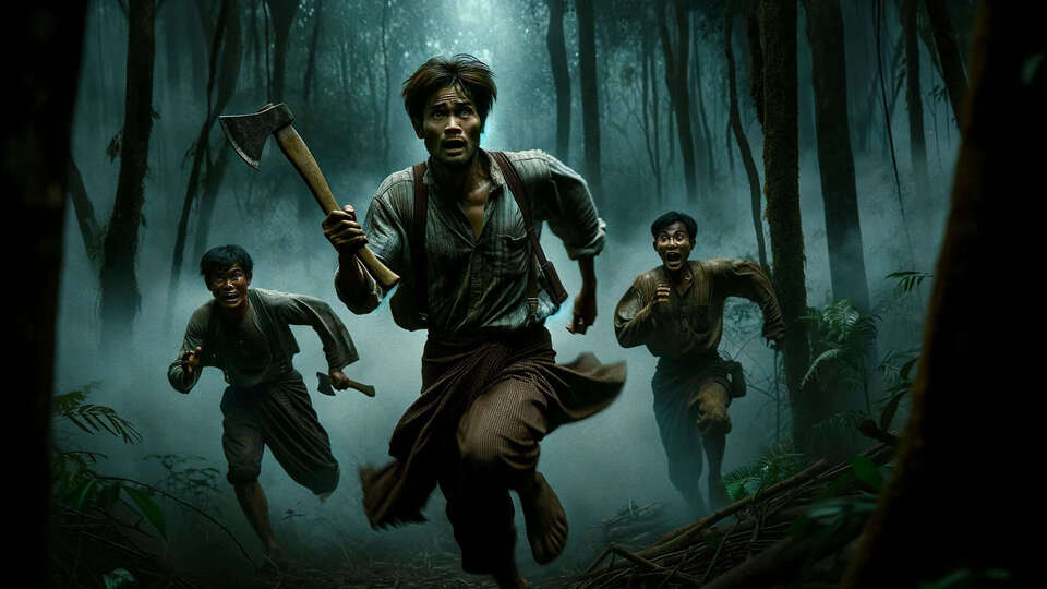 Three woodsmen fleeing from chikon kala jungle