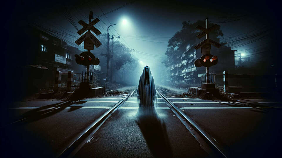 Lady ghost standing in haunted Purba East Nayatola Rail Crossing imaginary picture