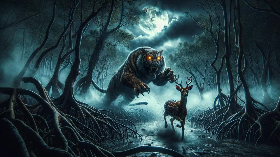 Spooky tiger chasing a deer in dark sundarbans
