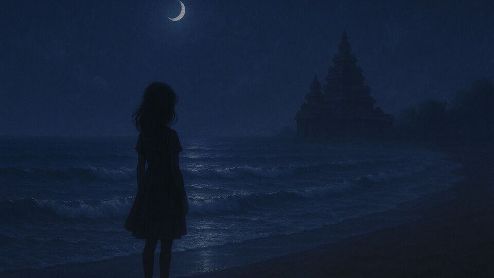 Girl By The Shore Looking At Distant Temple