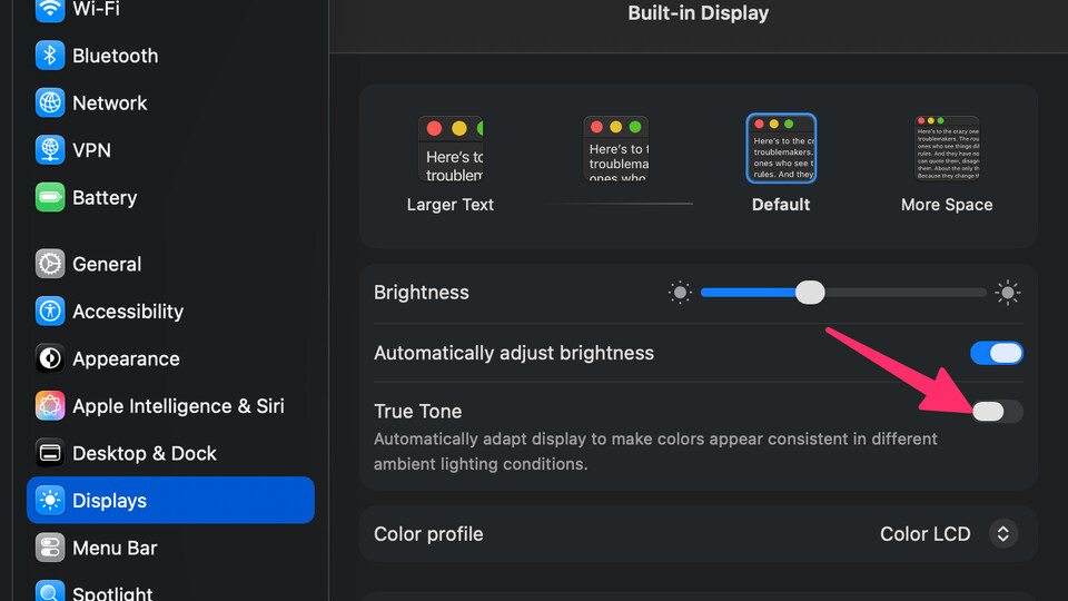 Disabling True Tone Mac Os Display Settings