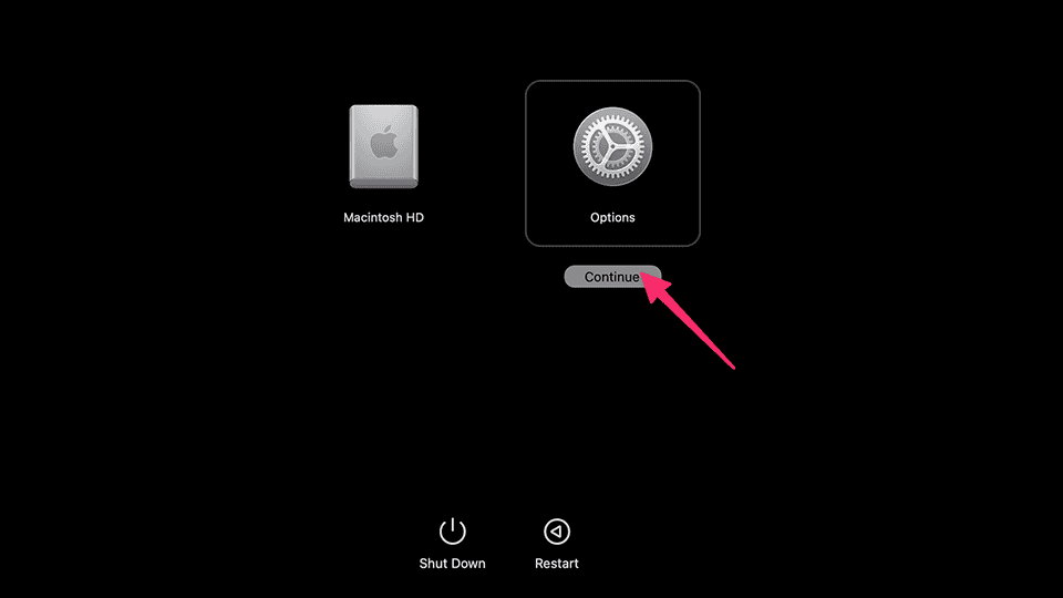 Selecting Options to enter macOS Recovery Mode on Apple Silicon Mac