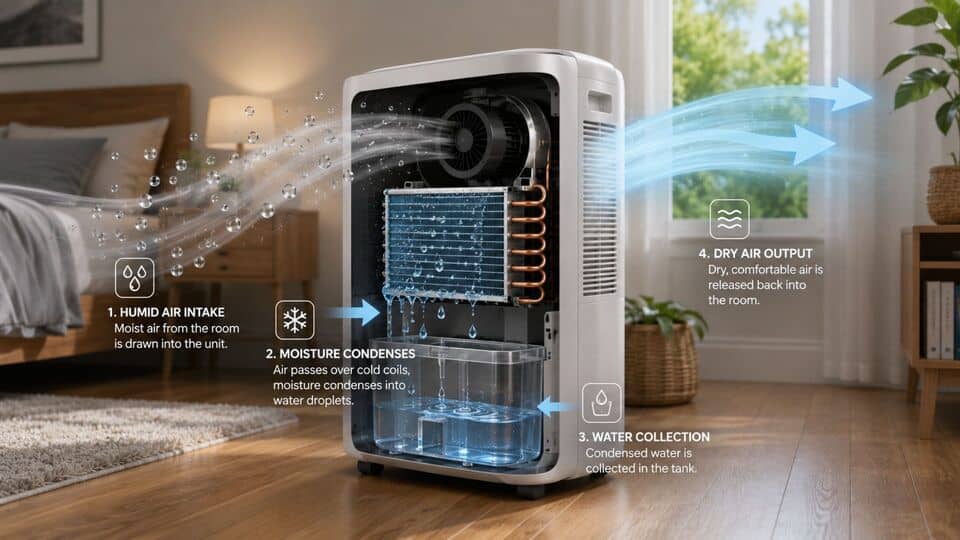 How a dehumidifier works to remove moisture from indoor air