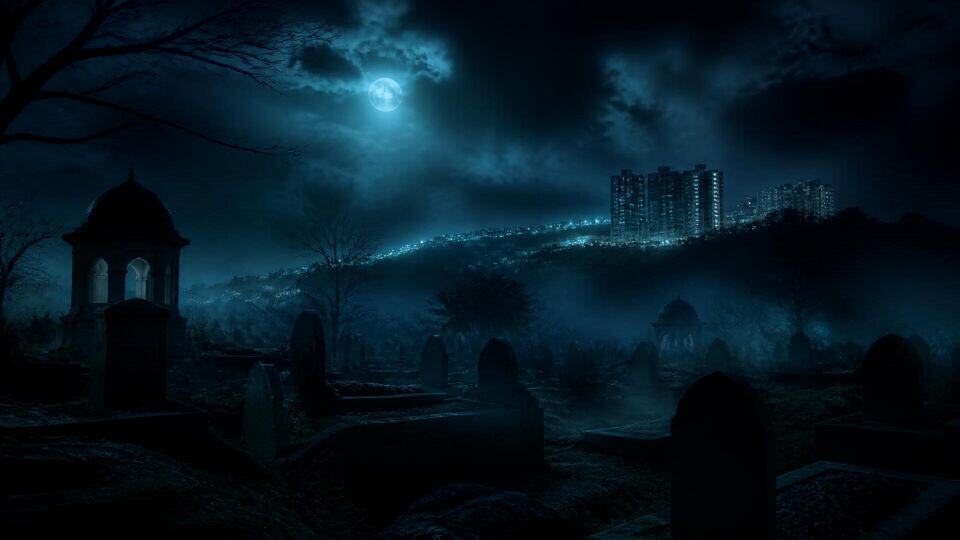 Mysterious Banani Graveyard at night with fog, moonlight and the Dhaka skyline in the distance
