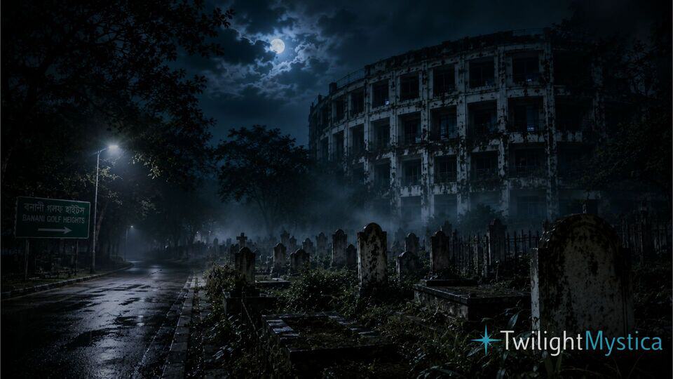 Banani Graveyard and Golf Heights at night in Dhaka with a mysterious foggy atmosphere